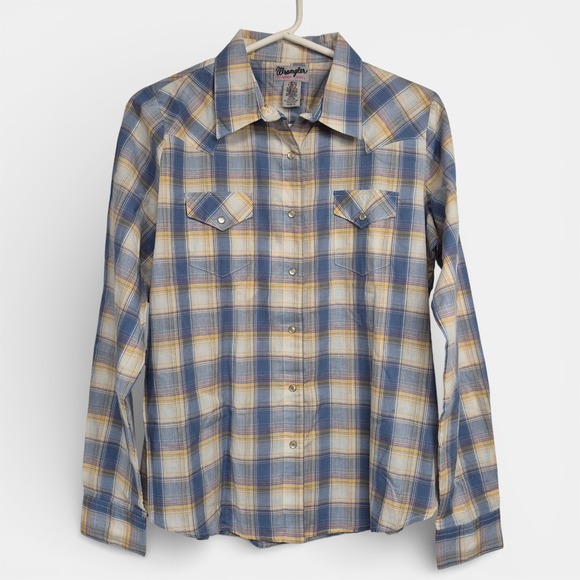 Wrangler Tops - Wrangler Womens L Western Plaid Pearl Snap Shirt Long Sleeve Blue Yellow Cowgirl